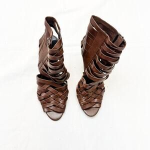 Trouve Brown Leather Strappy Caged Stacked Cone Heel Shoes Sandals Size 8